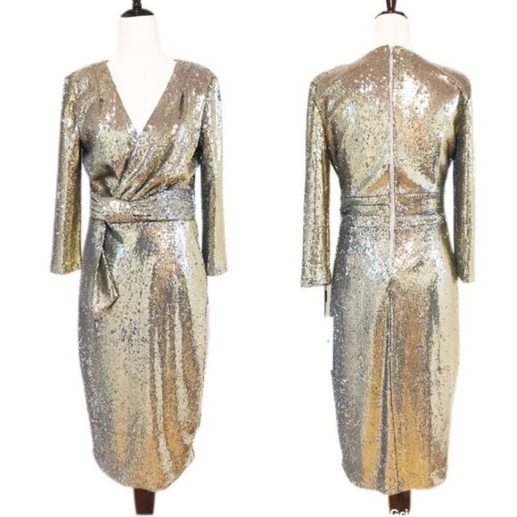 CALVIN KLEIN Gold Sequin Cocktail Dress Knee Length Faux Wrap Party Size 4 6 New - Picture 2 of 10